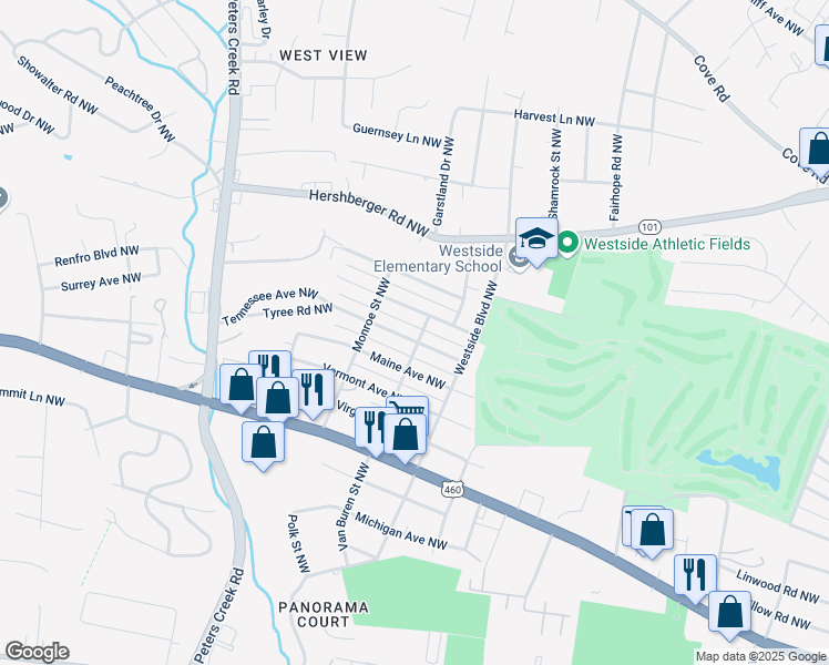 map of restaurants, bars, coffee shops, grocery stores, and more near 4001 Tennessee Avenue Northwest in Roanoke