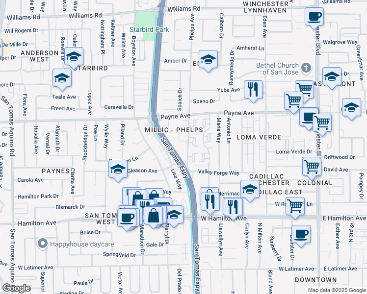 map of restaurants, bars, coffee shops, grocery stores, and more near 1375 Phelps Avenue in San Jose