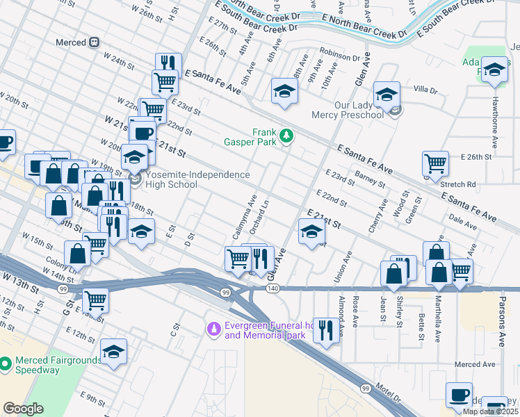 map of restaurants, bars, coffee shops, grocery stores, and more near 2015 Orchard Lane in Merced