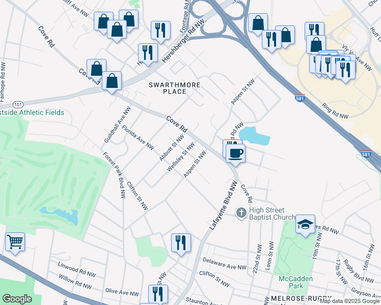 map of restaurants, bars, coffee shops, grocery stores, and more near 1556 Aspen Street Northwest in Roanoke