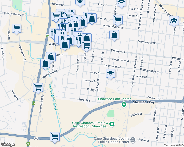 map of restaurants, bars, coffee shops, grocery stores, and more near 500 Koch Avenue in Cape Girardeau