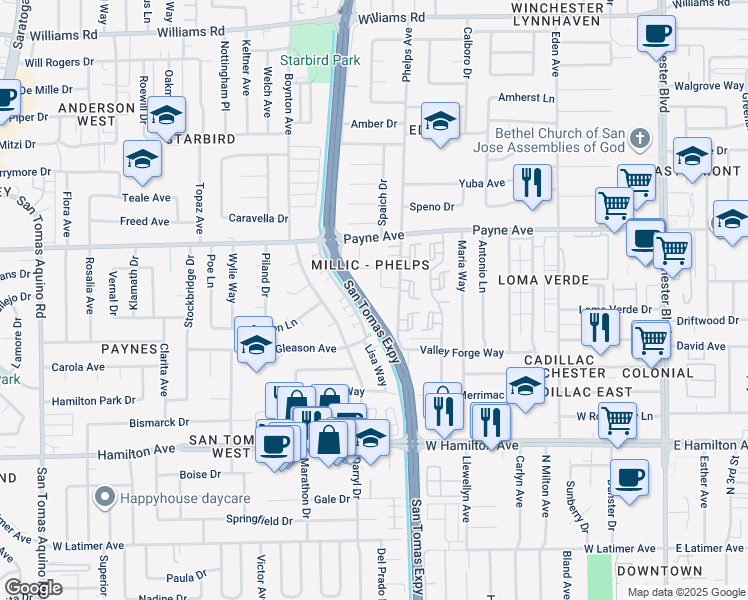 map of restaurants, bars, coffee shops, grocery stores, and more near 1369 Phelps Avenue in San Jose