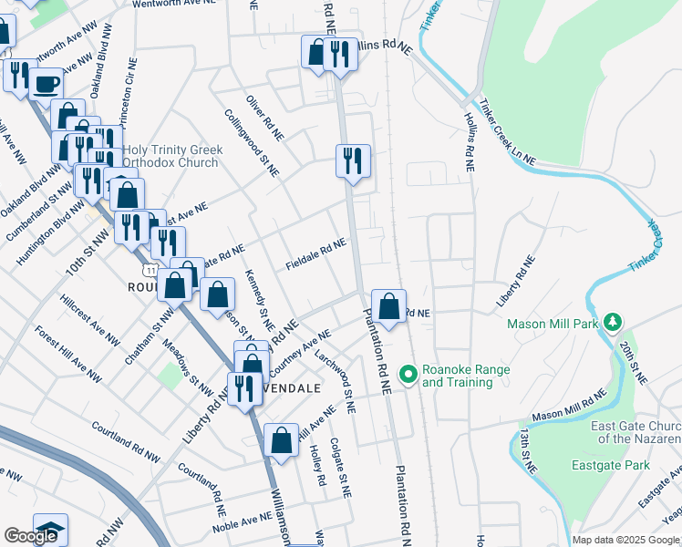 map of restaurants, bars, coffee shops, grocery stores, and more near 2623 Fairfield Drive Northeast in Roanoke