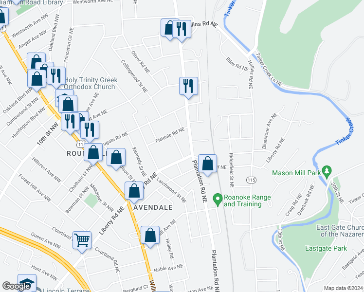 map of restaurants, bars, coffee shops, grocery stores, and more near 2623 Fairfield Drive Northeast in Roanoke