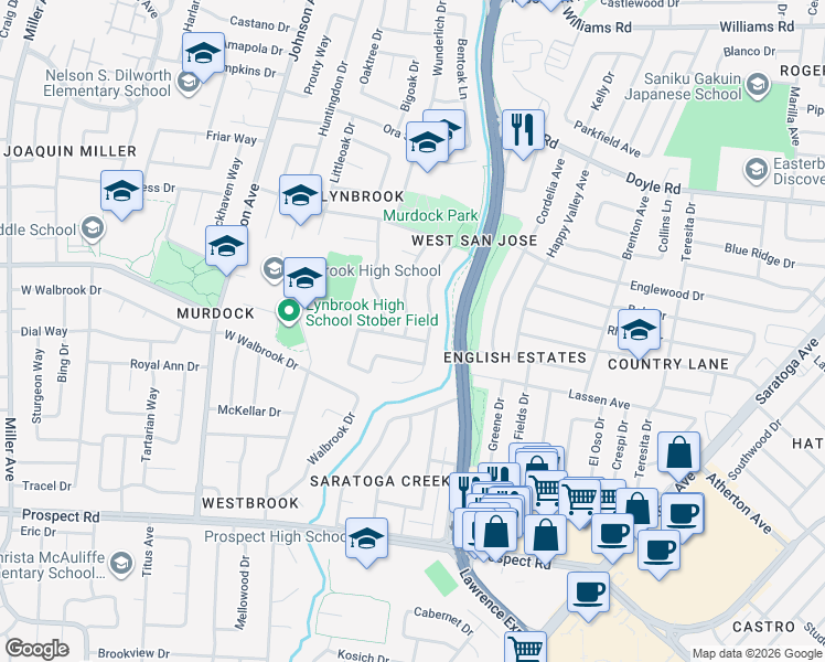 map of restaurants, bars, coffee shops, grocery stores, and more near 5449 Castle Manor Drive in San Jose