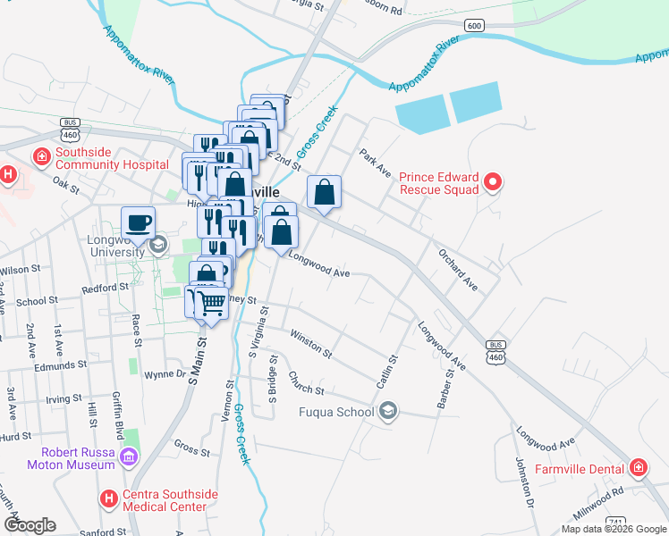 map of restaurants, bars, coffee shops, grocery stores, and more near 405-467 Longwood Avenue in Farmville