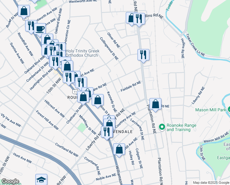 map of restaurants, bars, coffee shops, grocery stores, and more near 2802 Mansfield Street Northeast in Roanoke