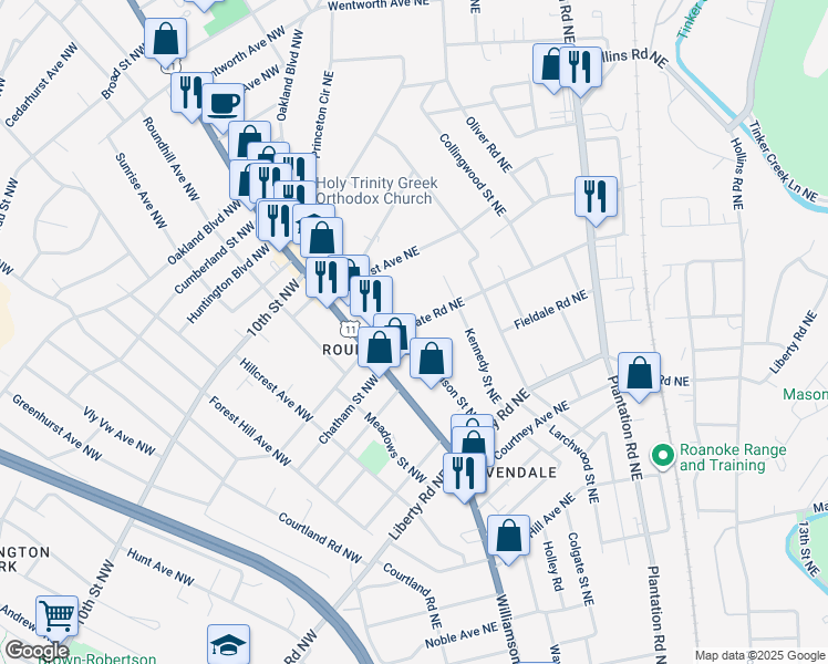 map of restaurants, bars, coffee shops, grocery stores, and more near 2925 Edison Street Northeast in Roanoke