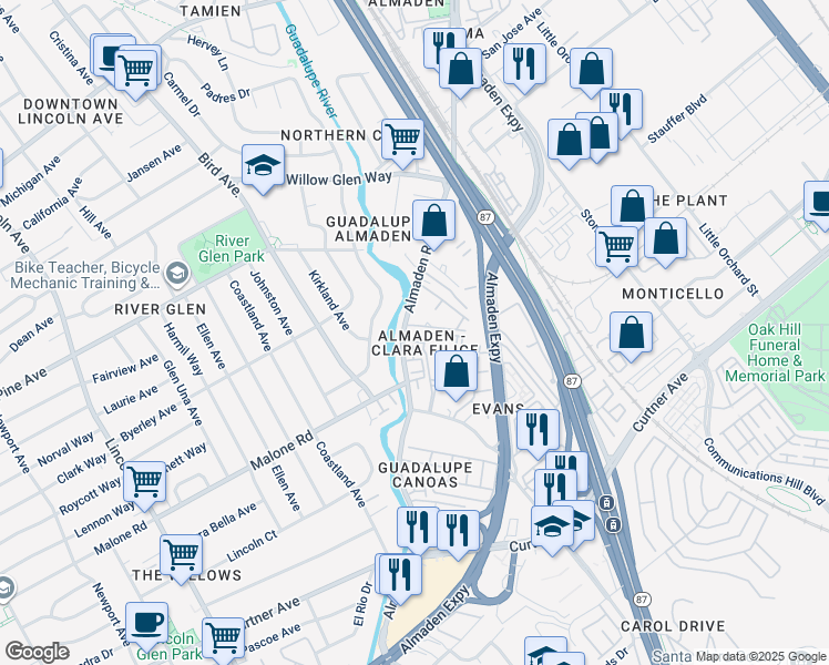 map of restaurants, bars, coffee shops, grocery stores, and more near 1984 Almaden Road in San Jose