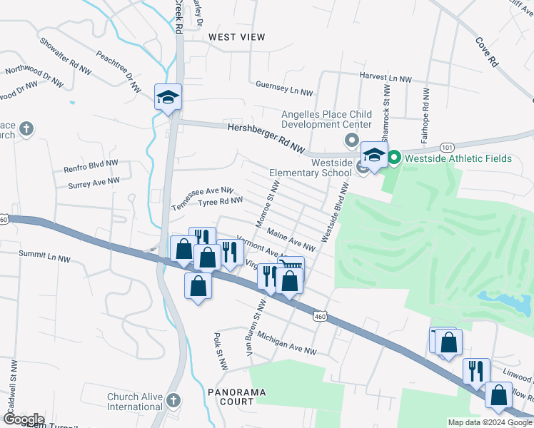 map of restaurants, bars, coffee shops, grocery stores, and more near 4042 Tennessee Avenue Northwest in Roanoke