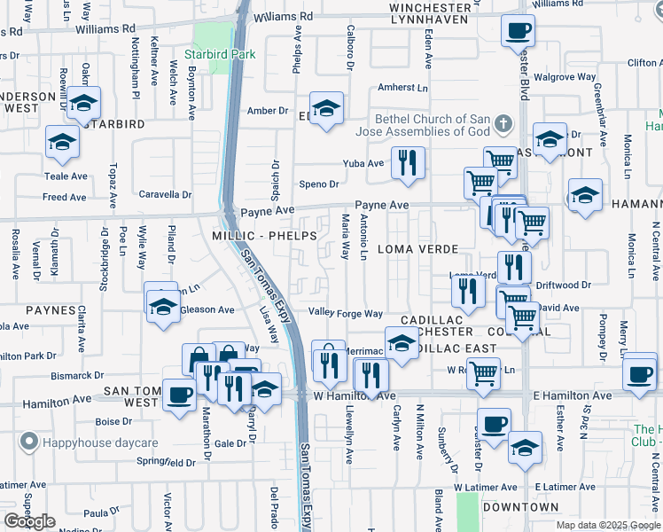 map of restaurants, bars, coffee shops, grocery stores, and more near 1415 Millich Court in San Jose