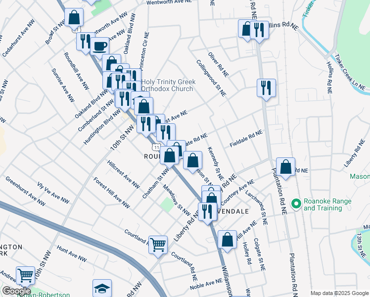 map of restaurants, bars, coffee shops, grocery stores, and more near 2925 Edison Street Northeast in Roanoke