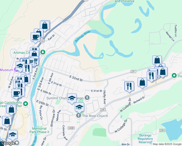 map of restaurants, bars, coffee shops, grocery stores, and more near 50 Sunshine Court in Durango