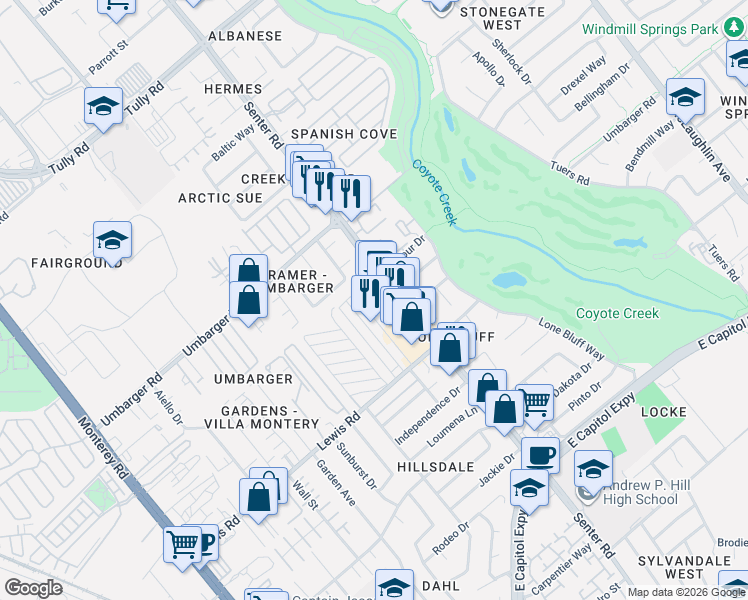 map of restaurants, bars, coffee shops, grocery stores, and more near 2855 Senter Road in San Jose