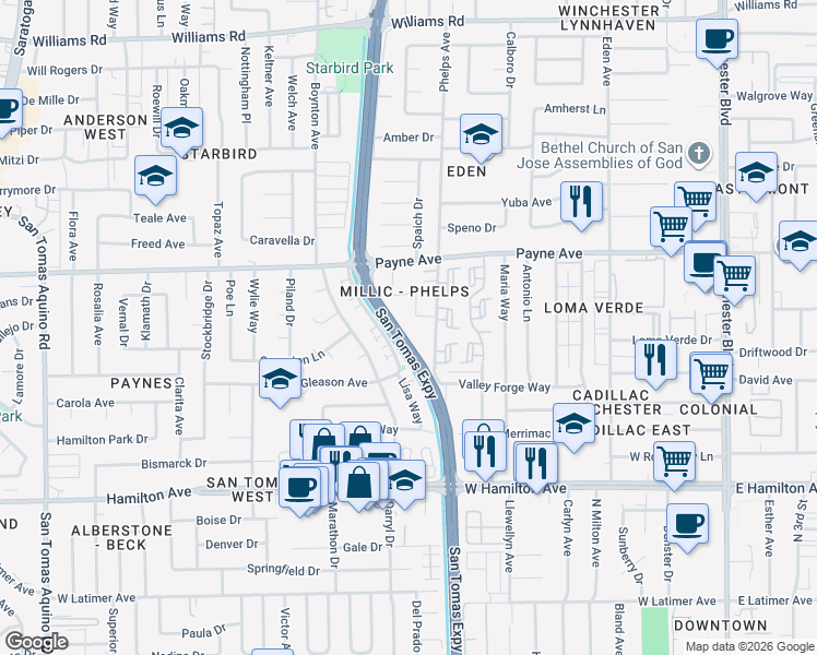 map of restaurants, bars, coffee shops, grocery stores, and more near 1375 Phelps Avenue in San Jose