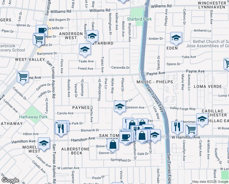 map of restaurants, bars, coffee shops, grocery stores, and more near 3737 Shaynor Court in San Jose