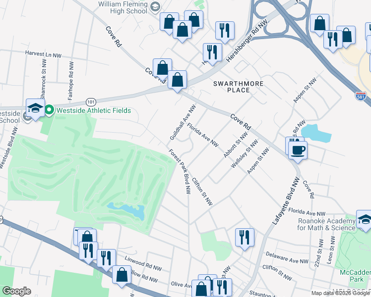 map of restaurants, bars, coffee shops, grocery stores, and more near 1531 Golfside Avenue Northwest in Roanoke