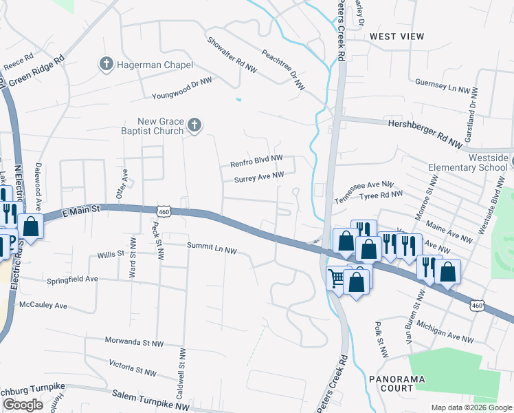 map of restaurants, bars, coffee shops, grocery stores, and more near 4525 Melrose Avenue Northwest in Roanoke