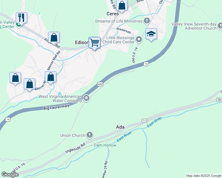 map of restaurants, bars, coffee shops, grocery stores, and more near 555 Country Girl Road in Bluefield