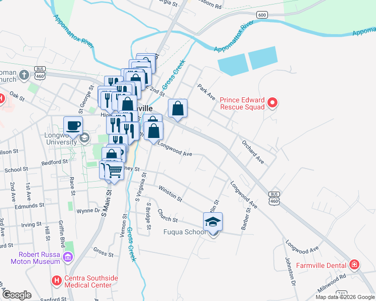 map of restaurants, bars, coffee shops, grocery stores, and more near 538-598 Longwood Avenue in Farmville