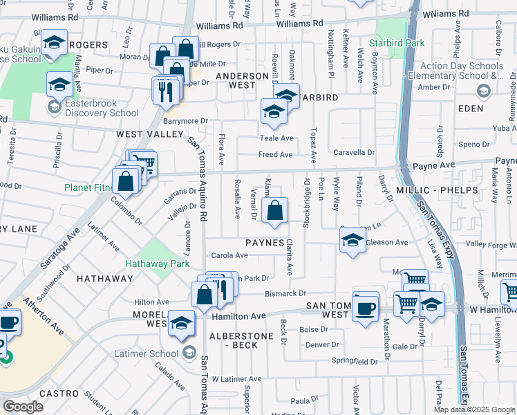 map of restaurants, bars, coffee shops, grocery stores, and more near 1360 Vernal Drive in San Jose