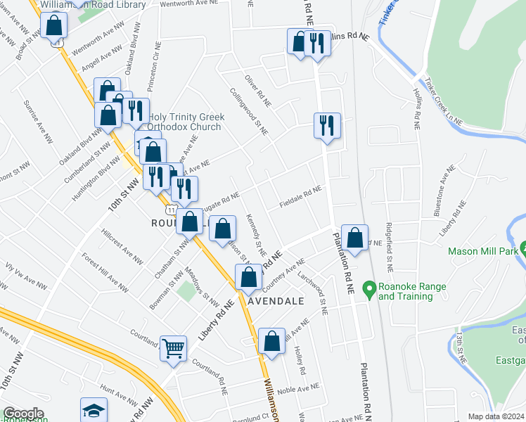 map of restaurants, bars, coffee shops, grocery stores, and more near 2802 Mansfield Street Northeast in Roanoke