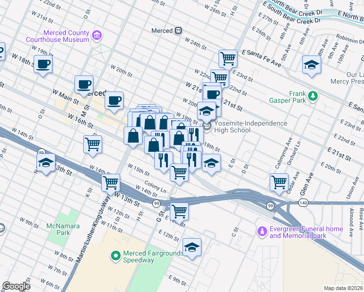 map of restaurants, bars, coffee shops, grocery stores, and more near 52 West Main Street in Merced