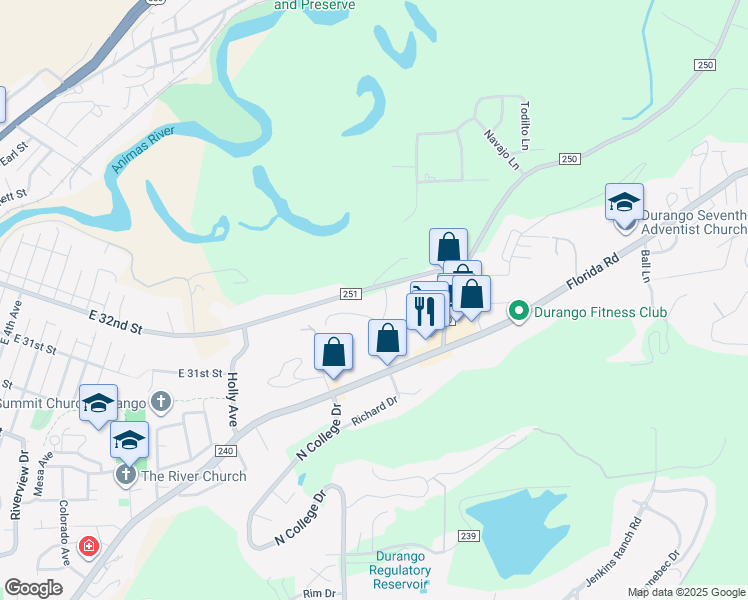 map of restaurants, bars, coffee shops, grocery stores, and more near 3189 East Animas Village Drive in Durango