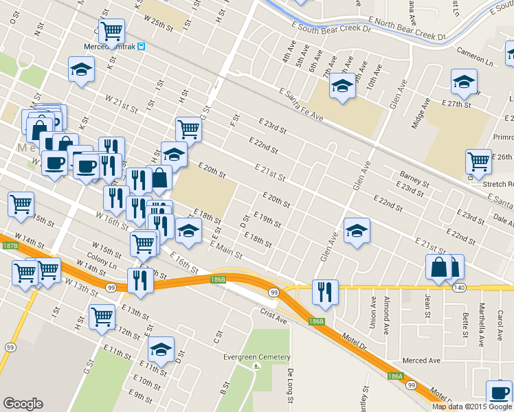 map of restaurants, bars, coffee shops, grocery stores, and more near 1906 D Street in Merced