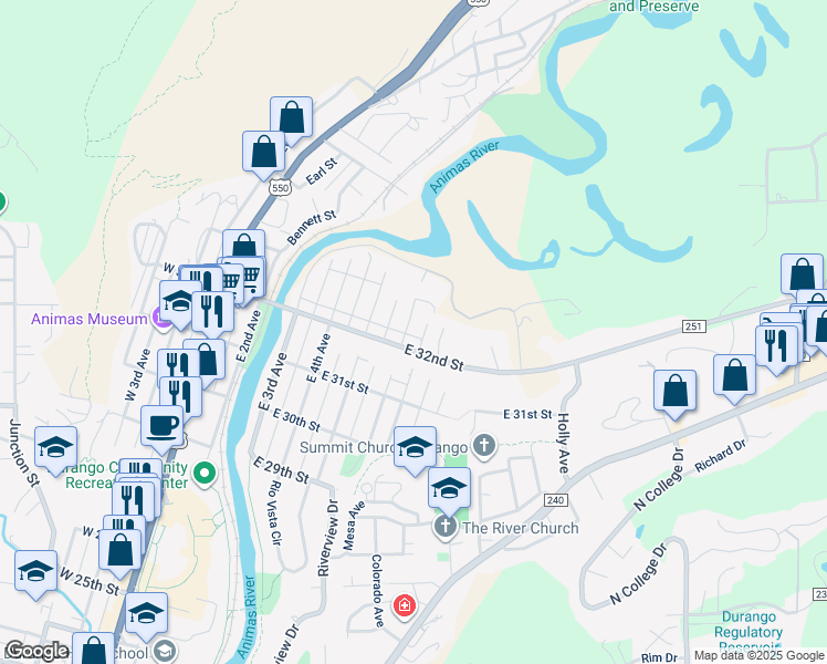 map of restaurants, bars, coffee shops, grocery stores, and more near 3206 East 6th Avenue in Durango