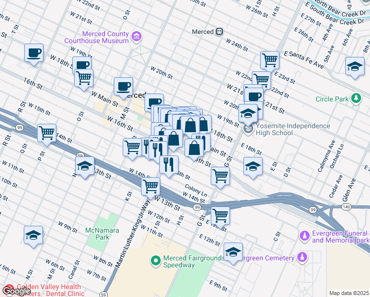 map of restaurants, bars, coffee shops, grocery stores, and more near 213 West 16th Street in Merced