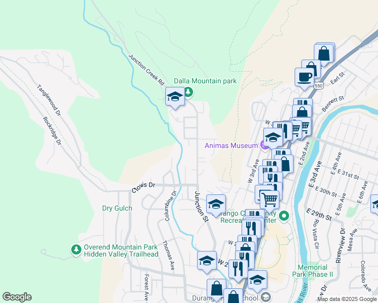 map of restaurants, bars, coffee shops, grocery stores, and more near 2911 Junction Street in Durango