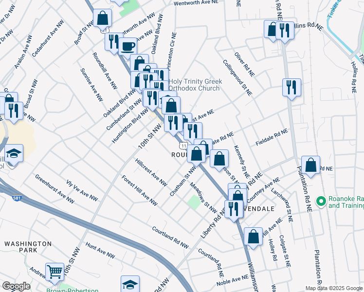map of restaurants, bars, coffee shops, grocery stores, and more near 3122 Lee Highway in Roanoke