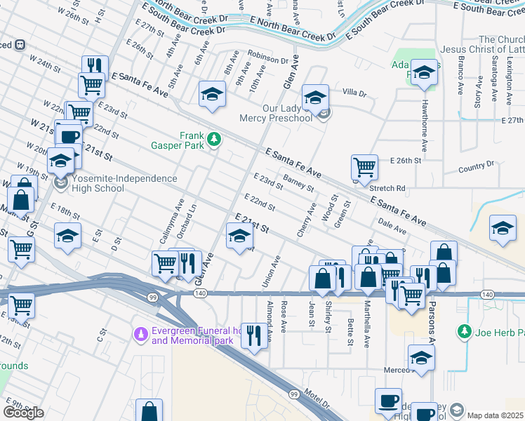 map of restaurants, bars, coffee shops, grocery stores, and more near 906 East 22nd Street in Merced