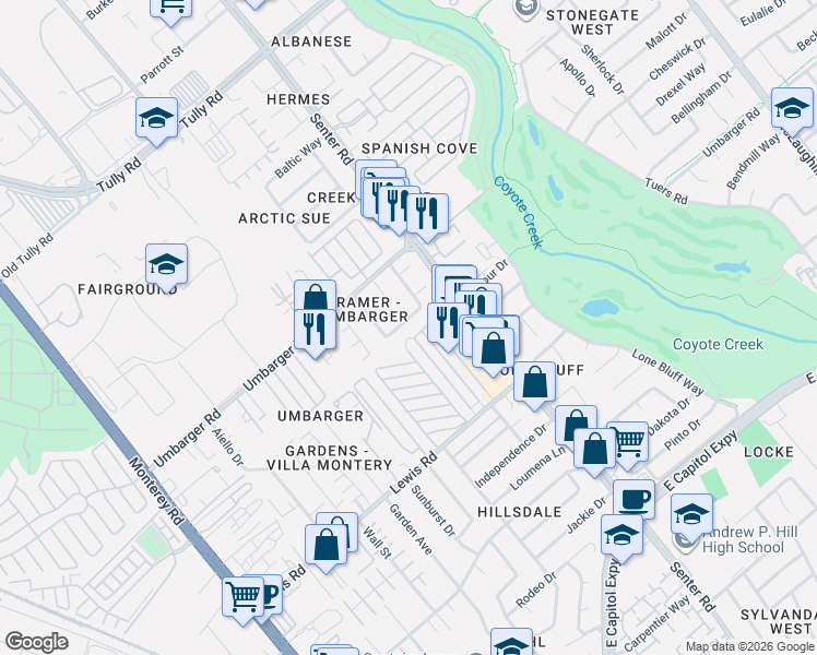 map of restaurants, bars, coffee shops, grocery stores, and more near 26 Haiti Road in San Jose