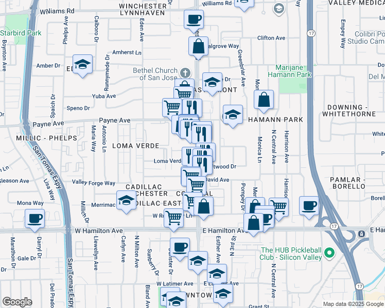 map of restaurants, bars, coffee shops, grocery stores, and more near 1319 South Winchester Boulevard in San Jose