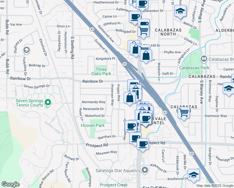 map of restaurants, bars, coffee shops, grocery stores, and more near 1339 Poppy Way in Cupertino