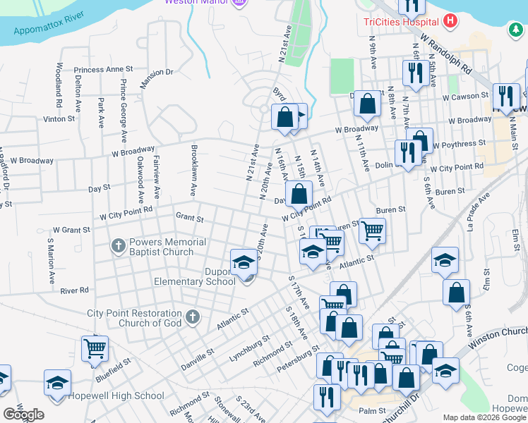map of restaurants, bars, coffee shops, grocery stores, and more near 2004 West City Point Road in Hopewell