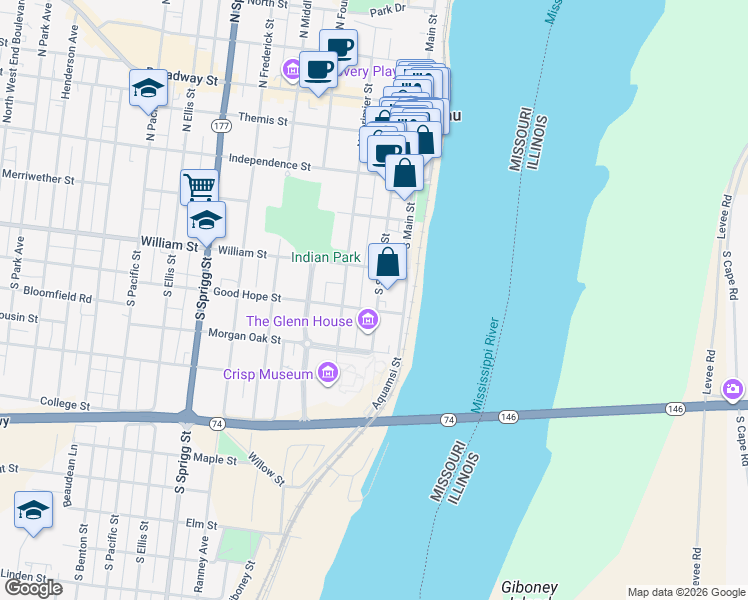 map of restaurants, bars, coffee shops, grocery stores, and more near 238 South Spanish Street in Cape Girardeau