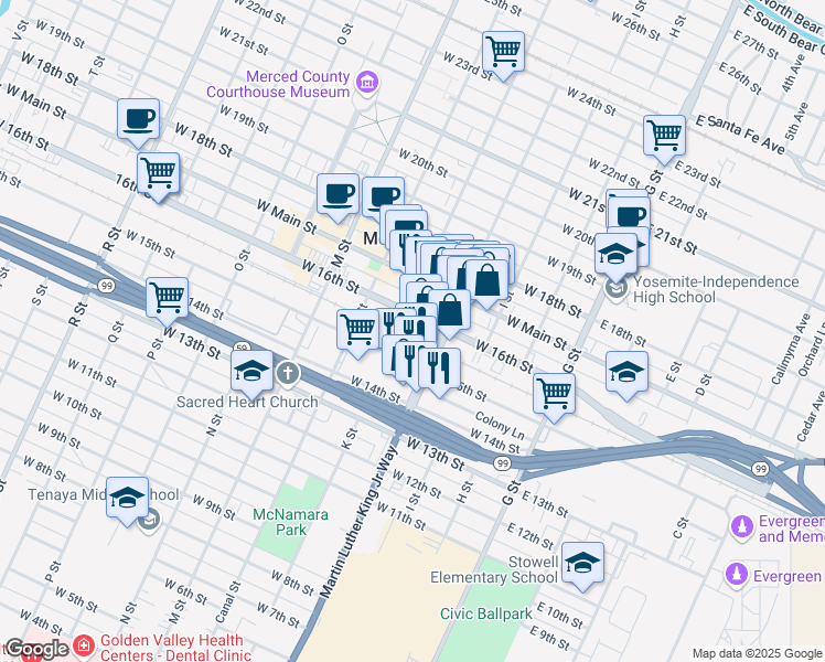 map of restaurants, bars, coffee shops, grocery stores, and more near 360 West 16th Street in Merced