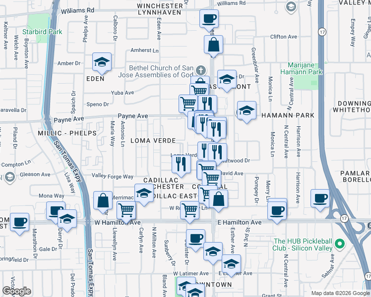 map of restaurants, bars, coffee shops, grocery stores, and more near 3179 Loma Verde Drive in San Jose