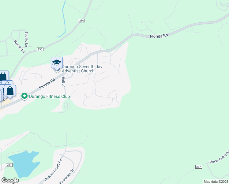 map of restaurants, bars, coffee shops, grocery stores, and more near 38 Whispering Pines Circle in Durango