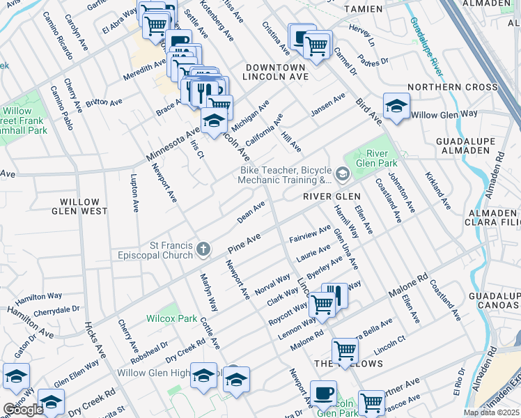 map of restaurants, bars, coffee shops, grocery stores, and more near 1120 Dean Avenue in San Jose