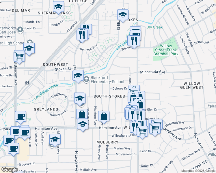 map of restaurants, bars, coffee shops, grocery stores, and more near 1468 Grace Avenue in San Jose