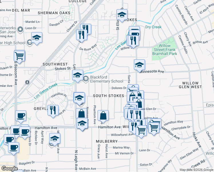 map of restaurants, bars, coffee shops, grocery stores, and more near 1468 Grace Avenue in San Jose