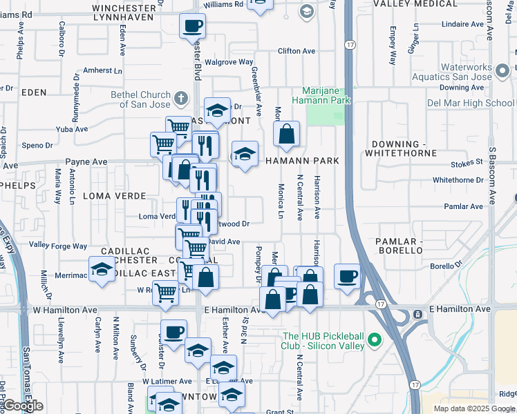 map of restaurants, bars, coffee shops, grocery stores, and more near 2944 Driftwood Drive in San Jose