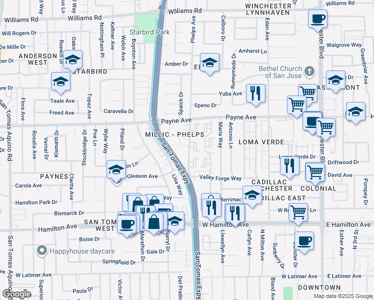 map of restaurants, bars, coffee shops, grocery stores, and more near 1375 Phelps Avenue in San Jose