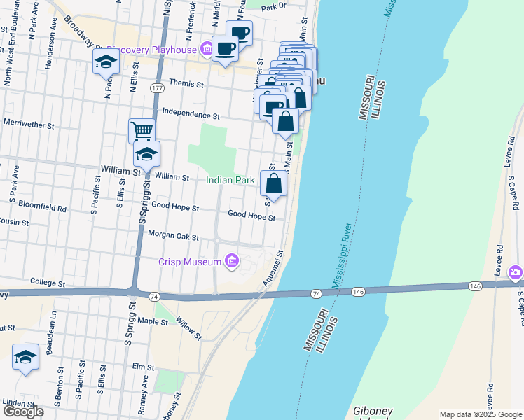 map of restaurants, bars, coffee shops, grocery stores, and more near 238 South Spanish Street in Cape Girardeau