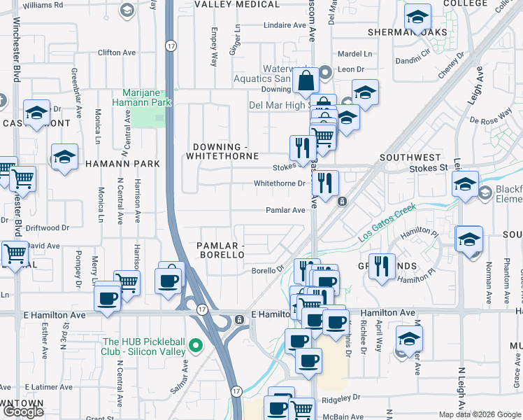map of restaurants, bars, coffee shops, grocery stores, and more near 570 Pamlar Ave in San Jose