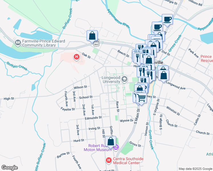 map of restaurants, bars, coffee shops, grocery stores, and more near 307 Griffin Boulevard in Farmville